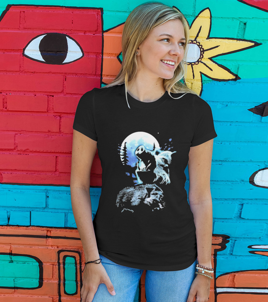 Wild Boar Howling At The Moon Men’s Forest Night Scene T-Shirt