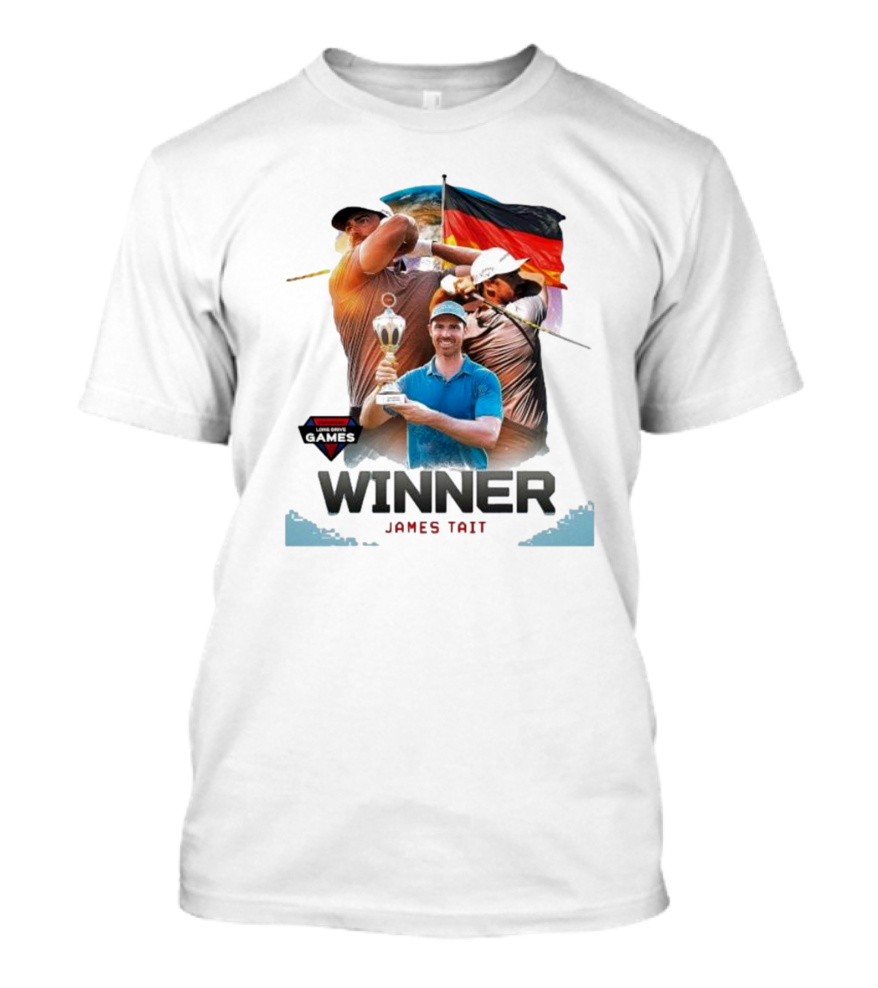 Long Drive Games Winner James Tait With Trophy And German Flag Background T-Shirt