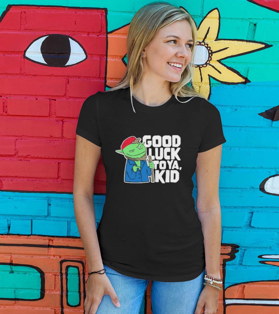 Good Luck To Ya Kid Green Character With Red Hat And Stick T-Shirt