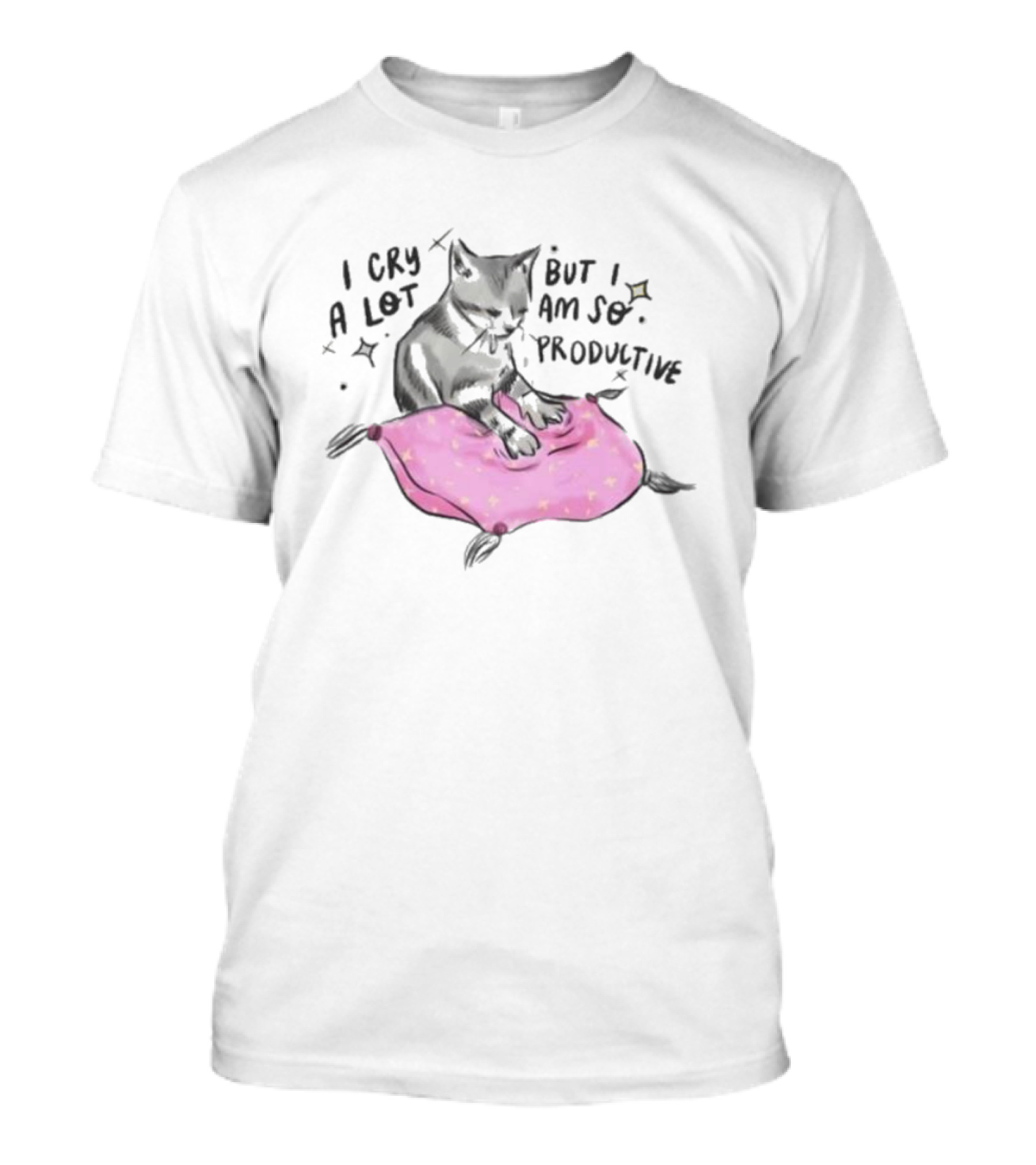 I Cry A Lot But I Am So Productive Funny Cat With Pink Blanket T-Shirt