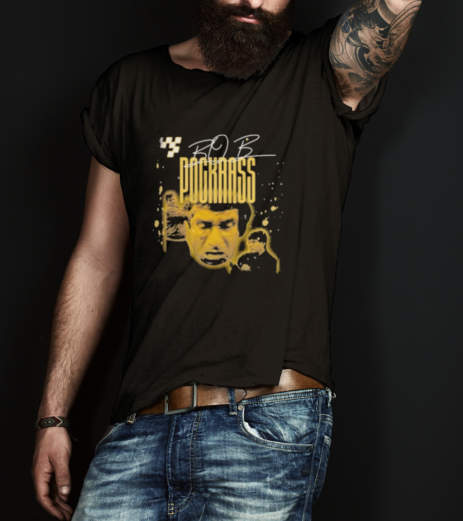 BOB POCKRASS Racing Icon Yellow Portrait Checkerboard Background T-Shirt