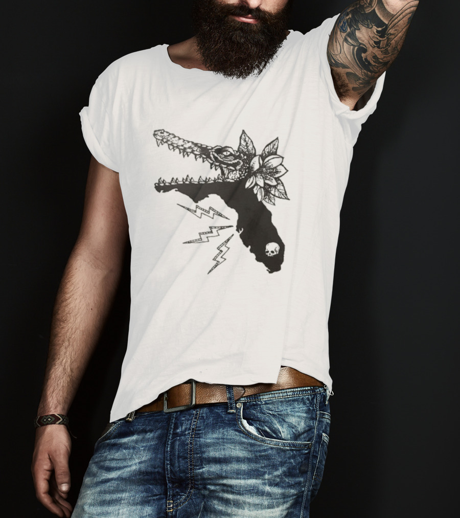 Florida Will Eat You - Alligator Skull Lightning Magnolia Map T-Shirt