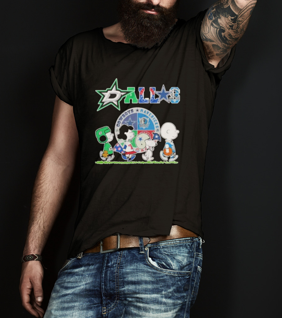 Peanuts Characters Walking With Dallas Cowboys Mavericks Stars T-Shirt