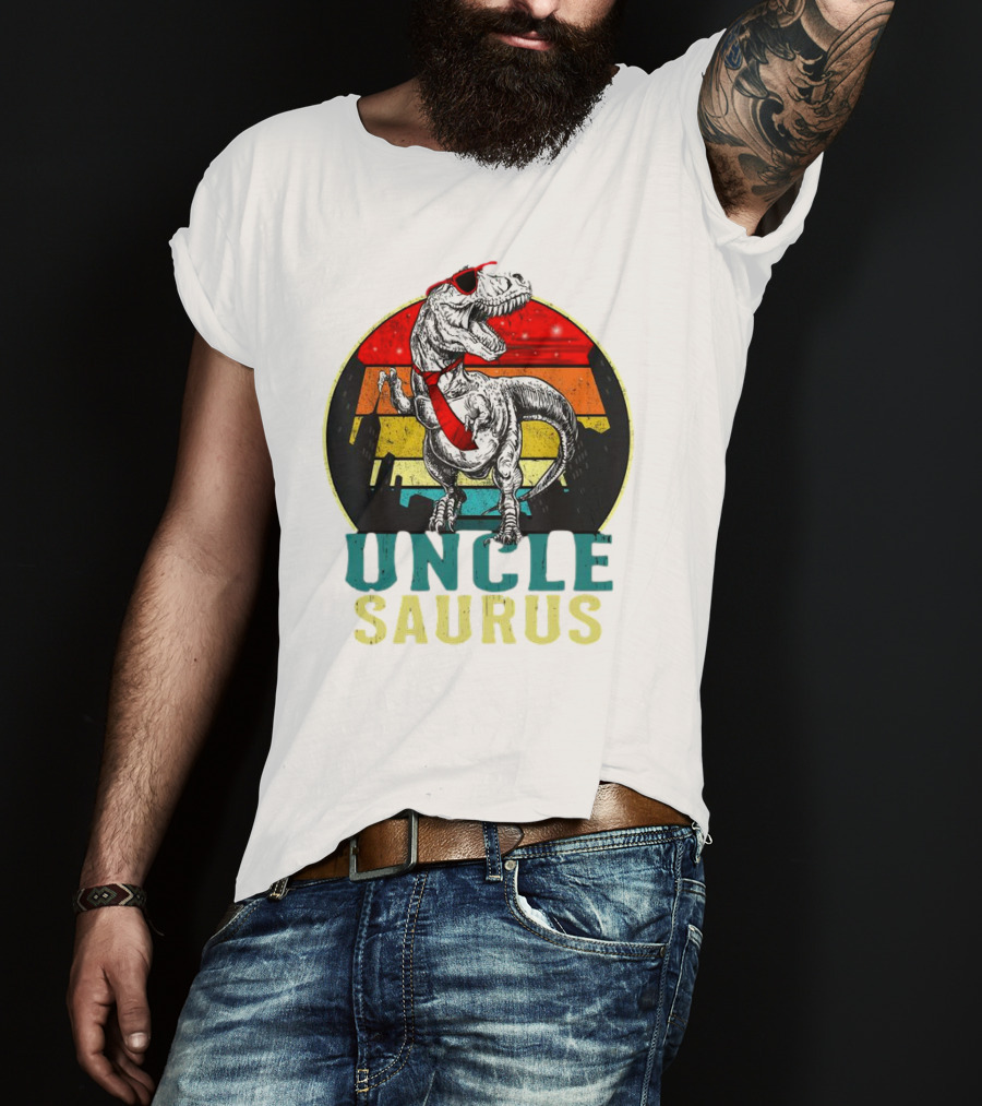Uncle Saurus Rex Dinosaur With Sunglasses And Red Tie Fathers Day T-Shirt