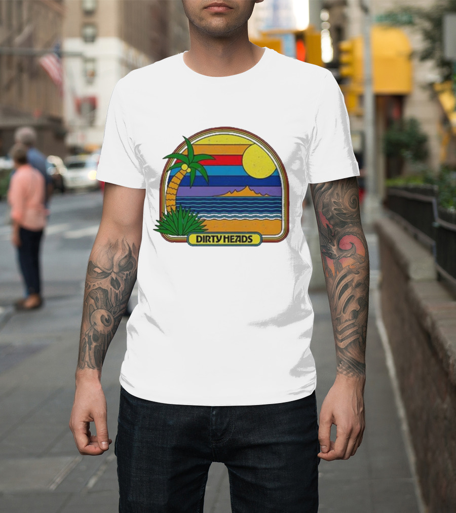 Dirty Heads Retro Beach Sunset Palms Ocean Scene T-Shirt