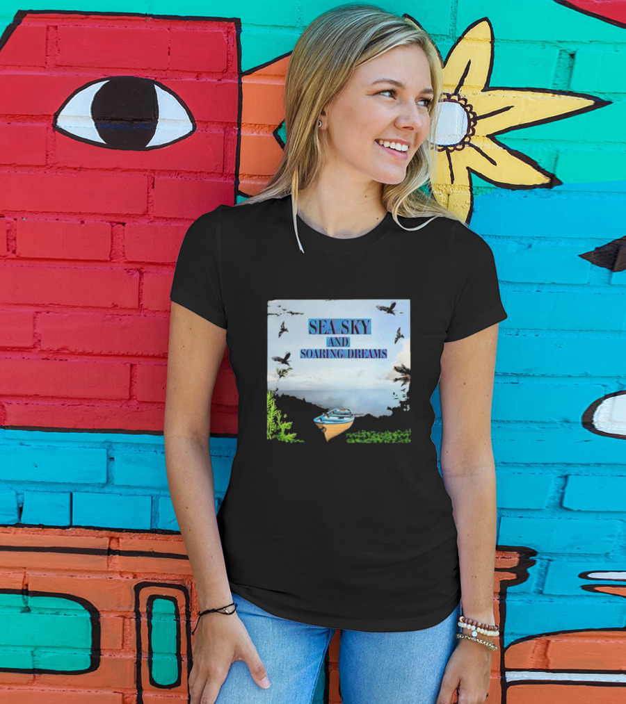 Sea Sky And Soaring Dreams With Birds And Boat IN Nature Scene T-Shirt