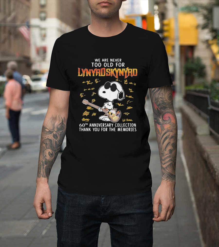 We Are Never Too Old for Lynyrd Skynyrd 60th Anniversary Collection Thank You for the Memories Snoopy Signatures T-Shirt