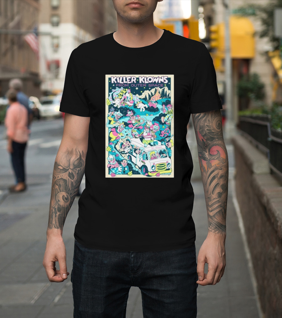 Killer Klowns From Outer Space Ice Cream Truck Invasion with Colorful Circus Characters T-Shirt