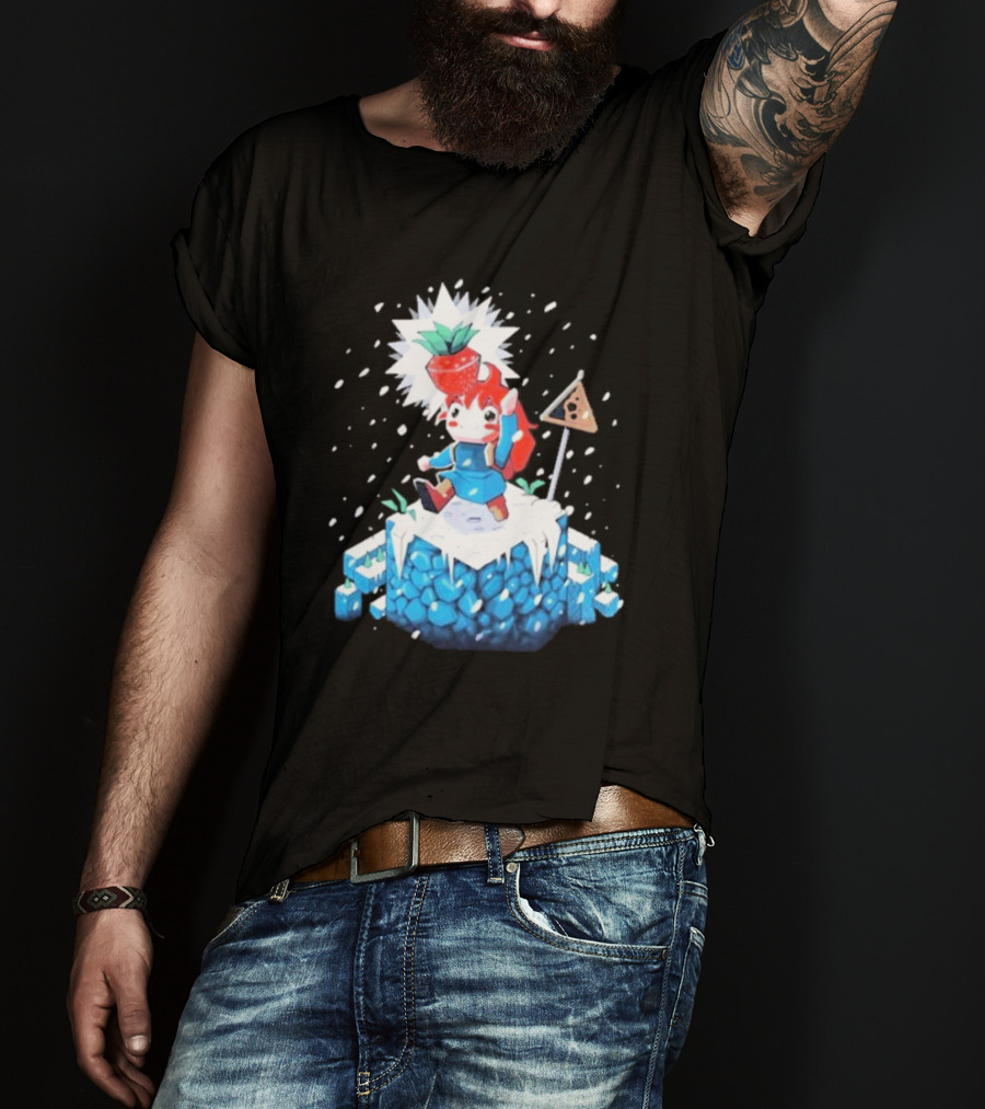 The Yetee Celeste 64 Pixel Adventure Character With Strawberry And Flag On Ice Mountain T-Shirt