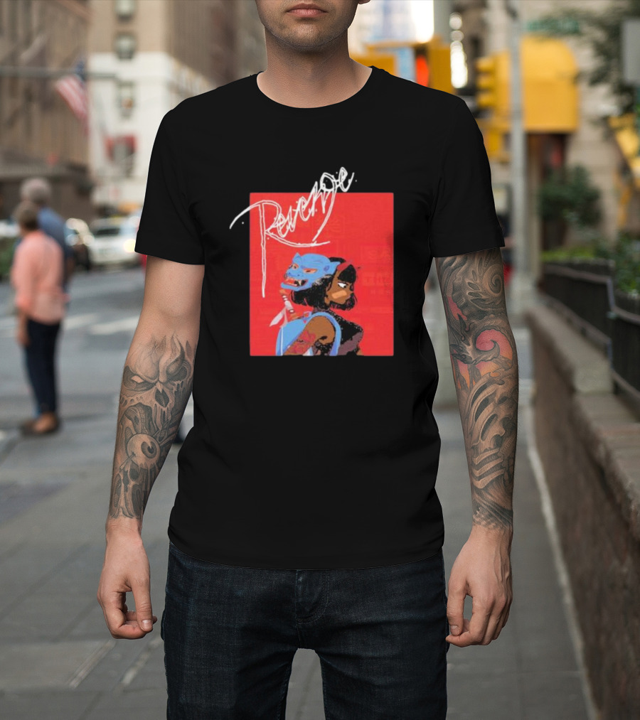 Revenge Warrior with Blue Mask and Bold Typography T-Shirt