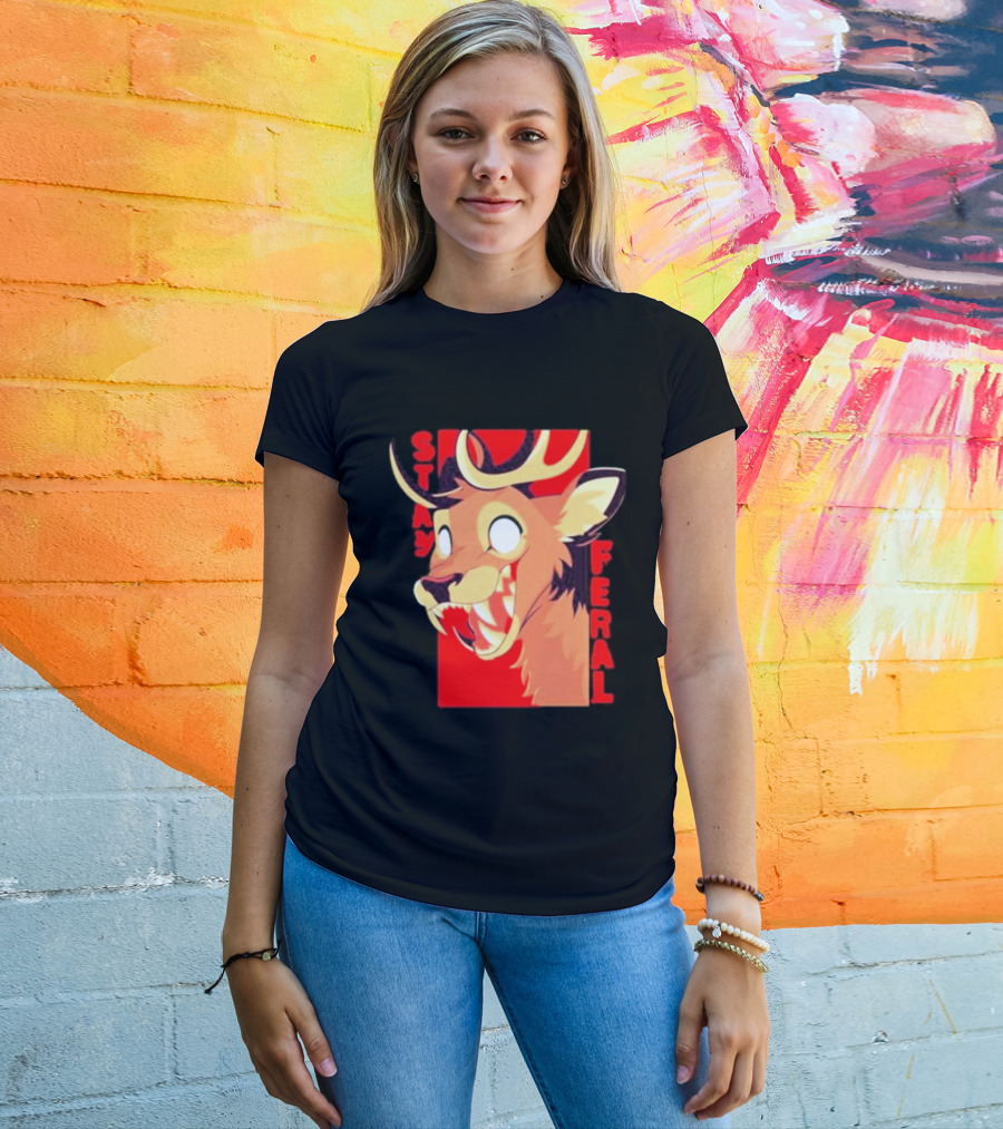 Stay Feral Toothy Deer Wild Expression Monochrome Cartoon T-Shirt