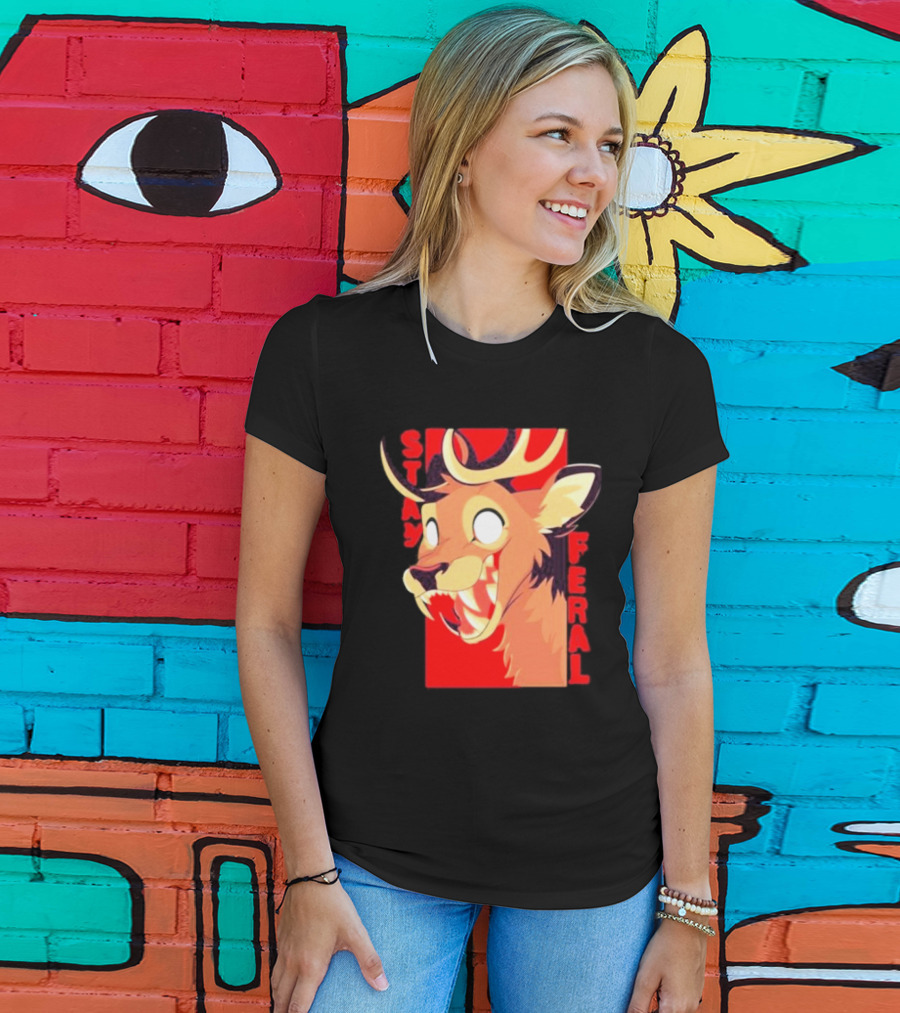Stay Feral Toothy Deer Wild Expression Monochrome Cartoon T-Shirt