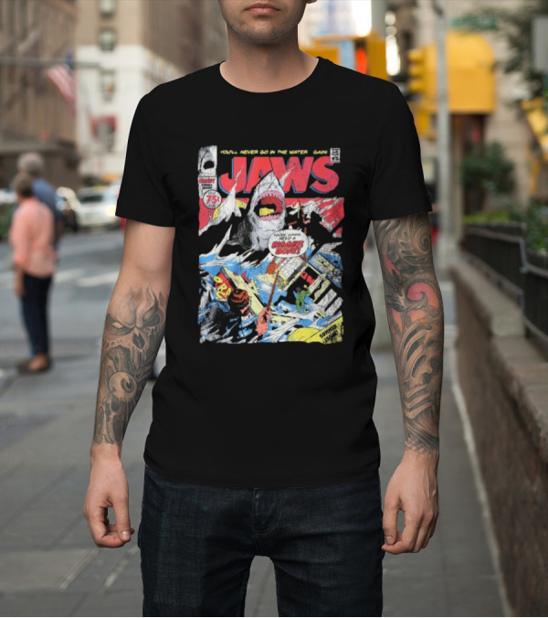 Shirt: Jaws Comic Cover You'll Never Go In The Water Again You're Gonna Need A Bigger Boat 75 Cent July Roy Thomas Ross Andru Comic Code Authority T-Shirt Jaws Comic Cover You'll Never Go In The Water Again You're Gonna Need A Bigger Boat 75 Cent July Roy Thomas Ross Andru Comic Code Authority T-Shirt