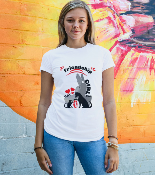Friendship Girl Cat Dog Pet Pal Hearts T-Shirt