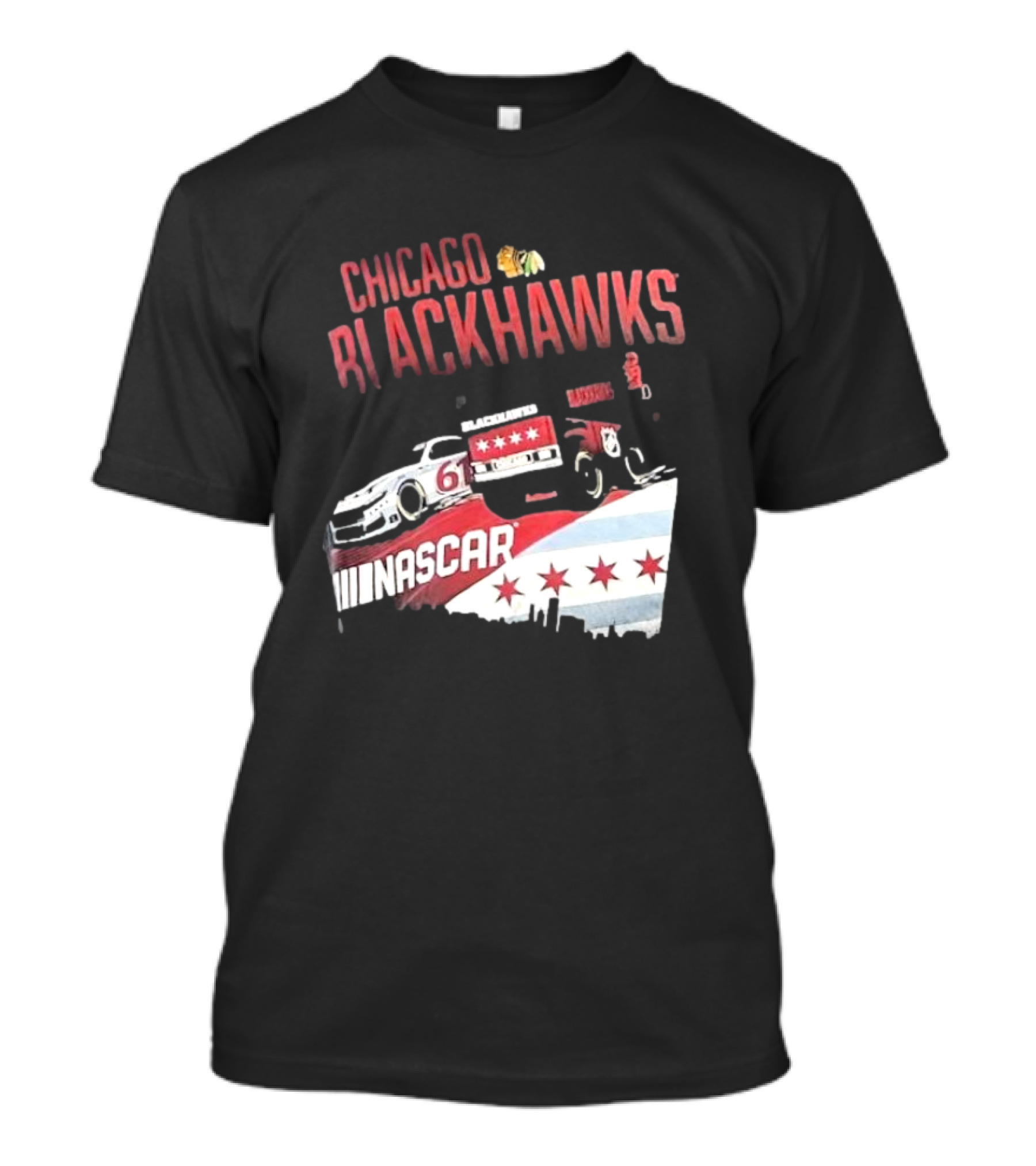 Chicago Blackhawks NASCAR Racing Car With City Skyline And Number 61 T-Shirt