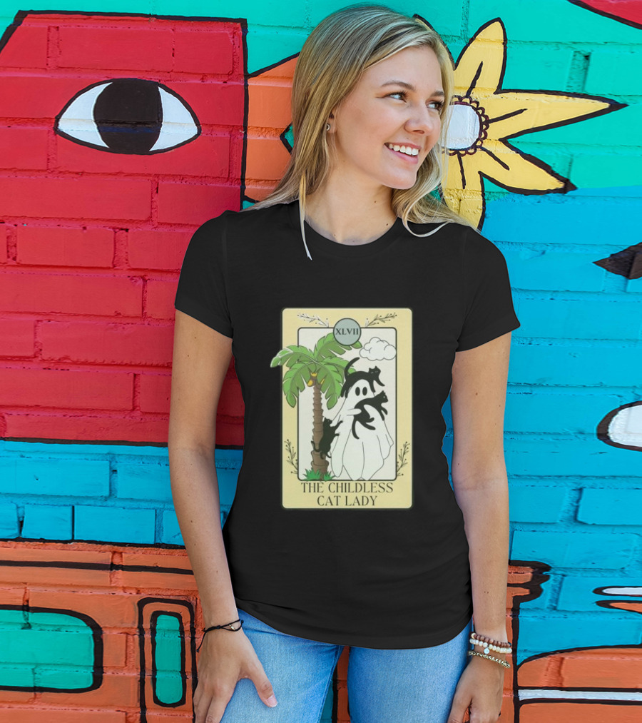XLVII The Childless Cat Lady Ghost Black Cat Coconut Tree T-Shirt