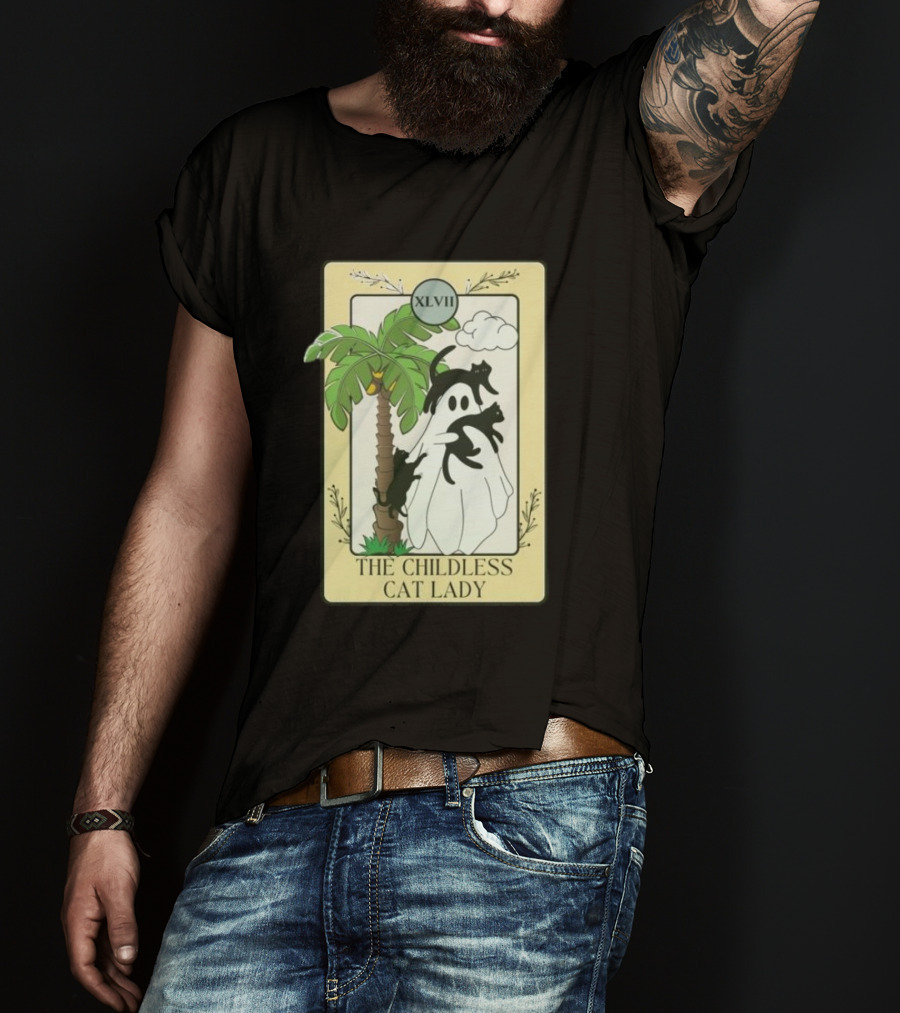 XLVII The Childless Cat Lady Ghost Black Cat Coconut Tree T-Shirt