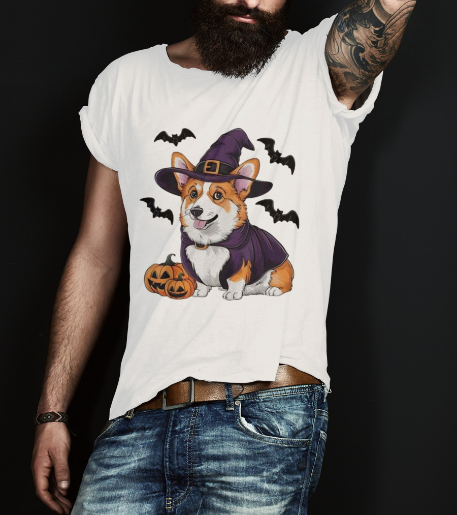 Halloween Corgi In Witch Hat With Pumpkins And Bats T-Shirt