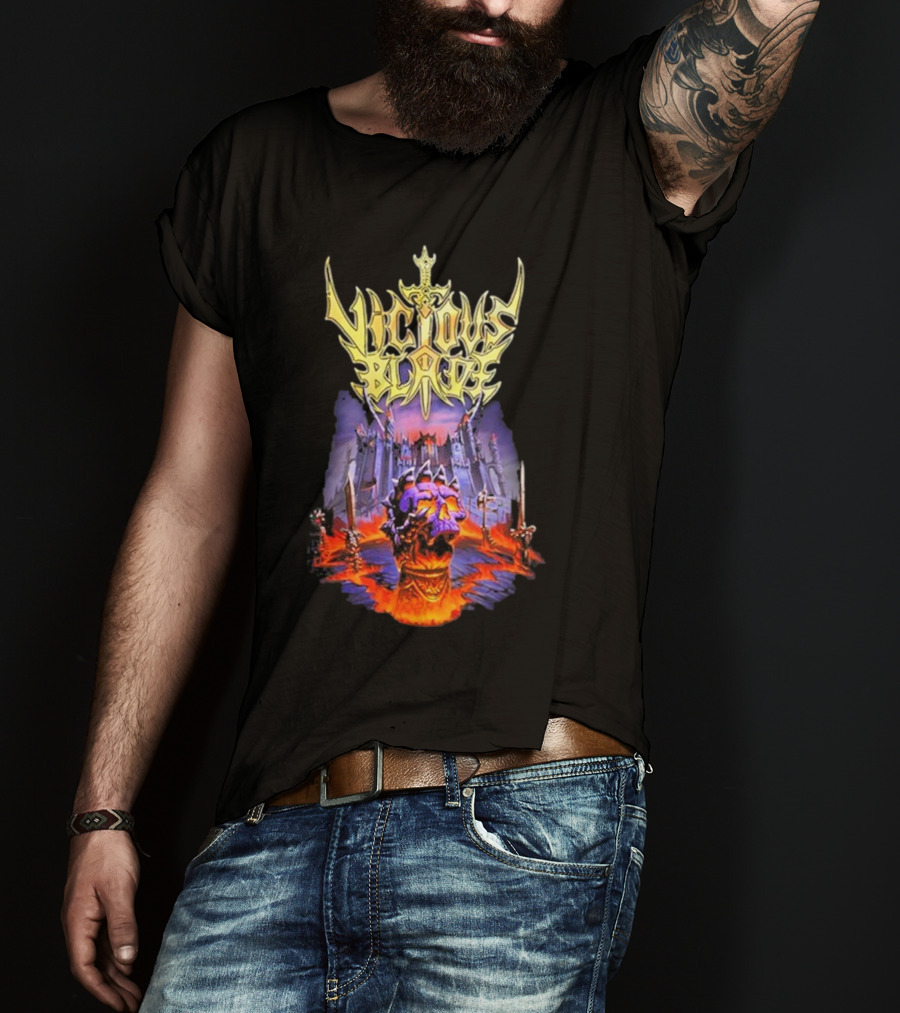 Vicious Blade Skull Fortress With Flaming Swords T-Shirt