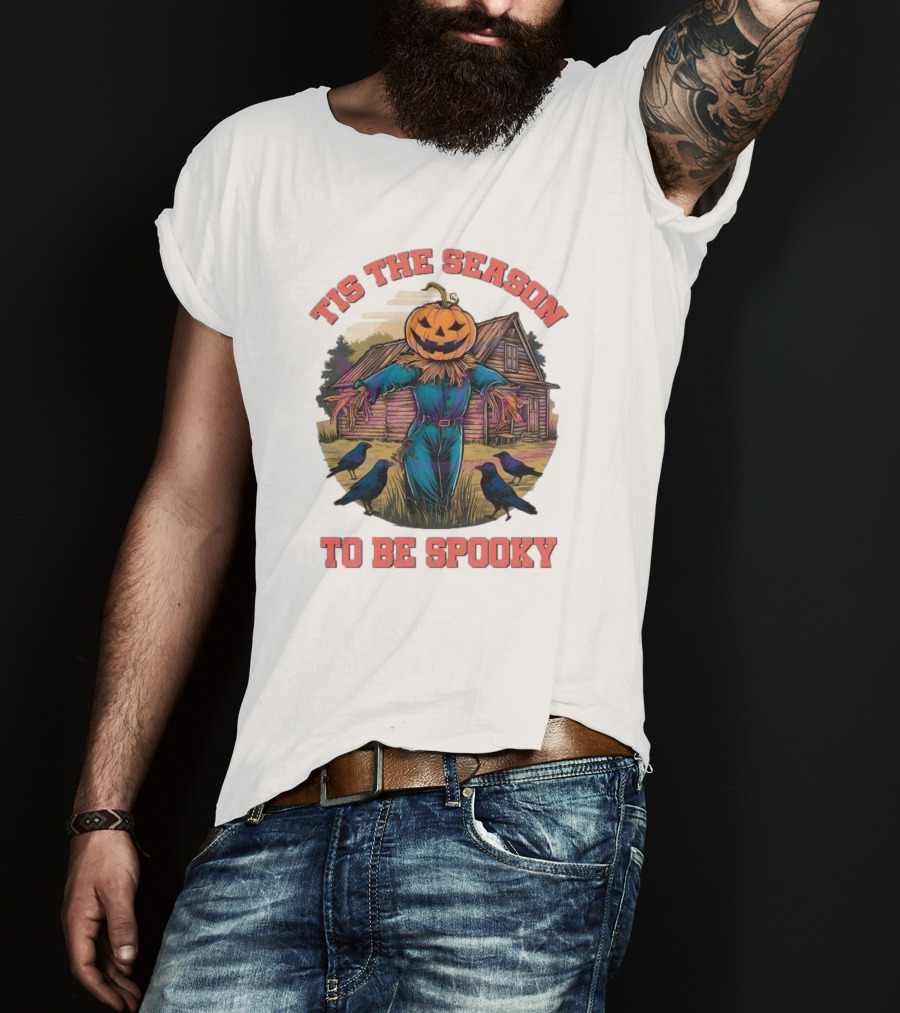 Tis The Season To Be Spooky Pumpkin Head Scarecrow With Crows In Front Of Haunted House T-Shirt