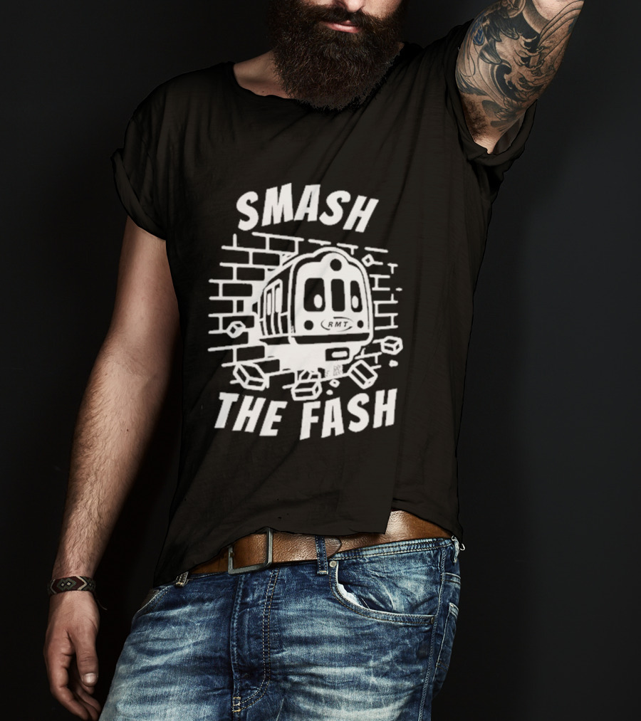 Manchester South RMT Smash The Fash Train Breaking Through Brick Wall T-Shirt