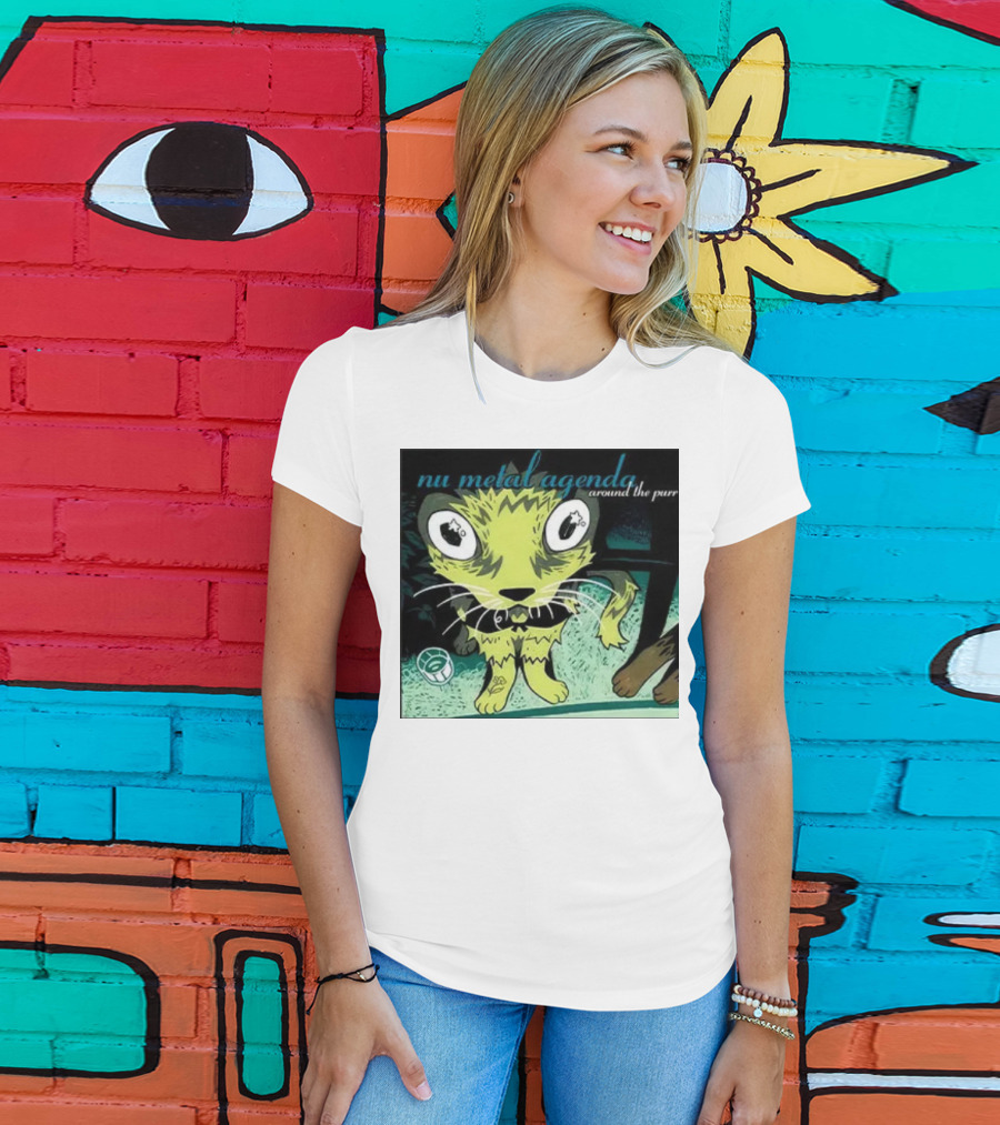 Nu Metal Agenda Around The Purr Feline Illustration With Swirling Colors And Bold Letters T-Shirt