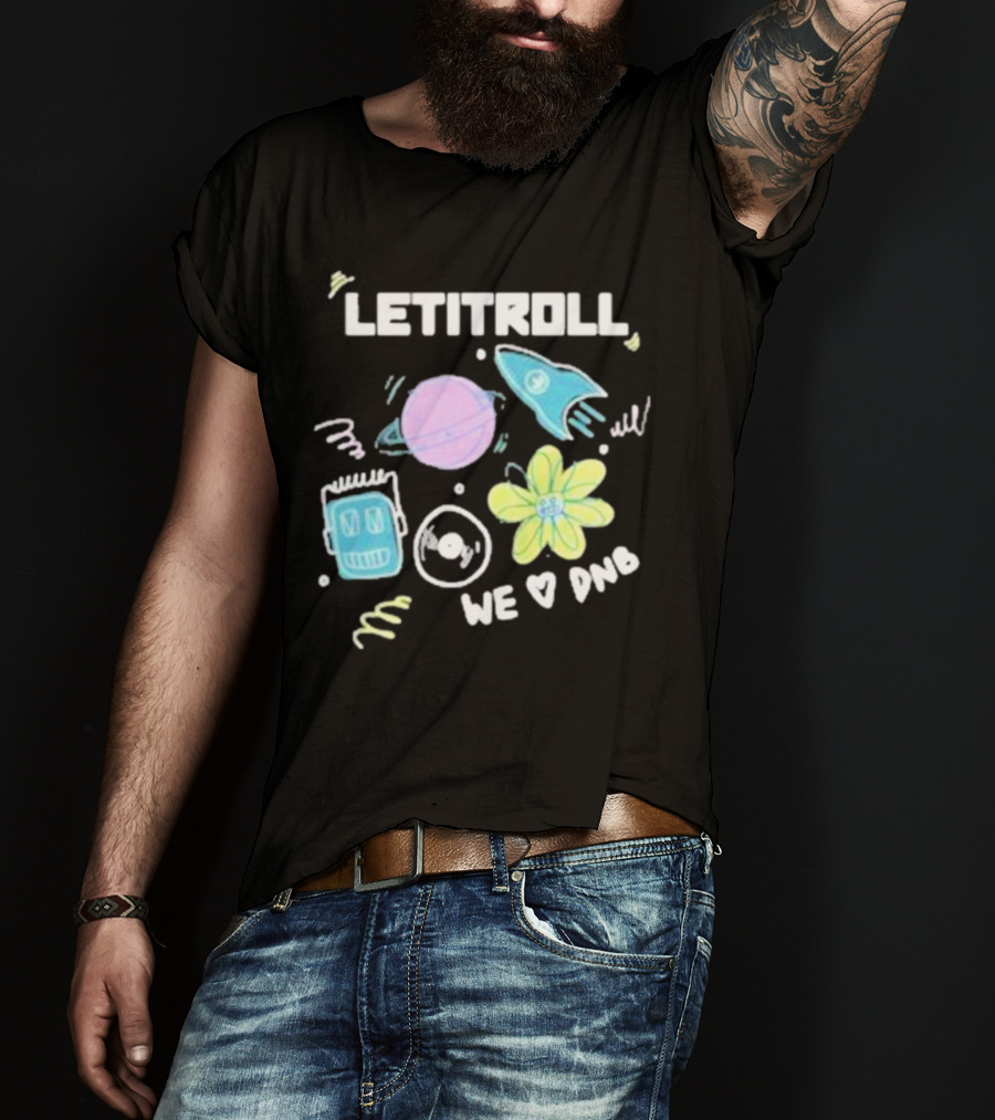 LETITROLL We Love DNB Planet Rocket Robot Flower T-Shirt