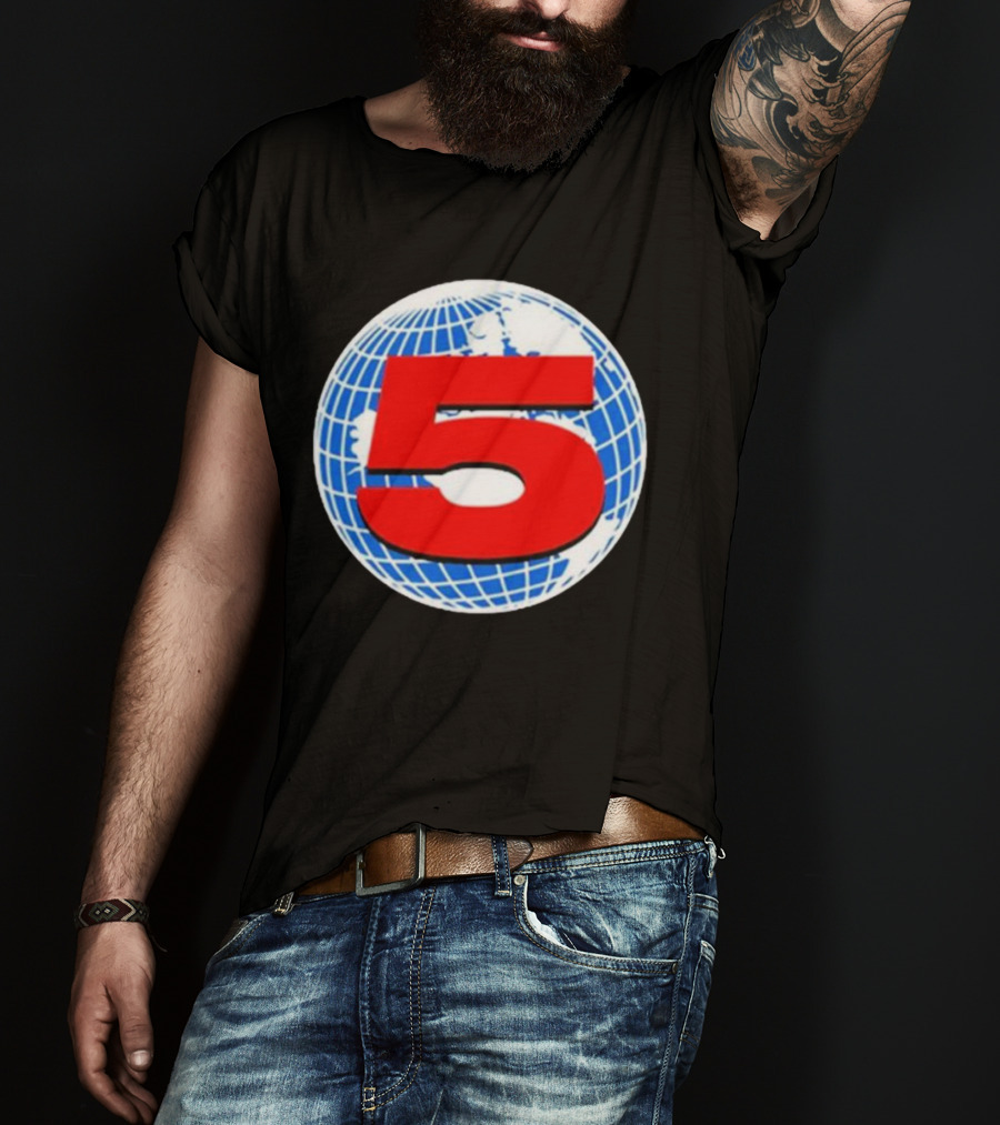 Red Number 5 On Blue And White Globe Background T-Shirt