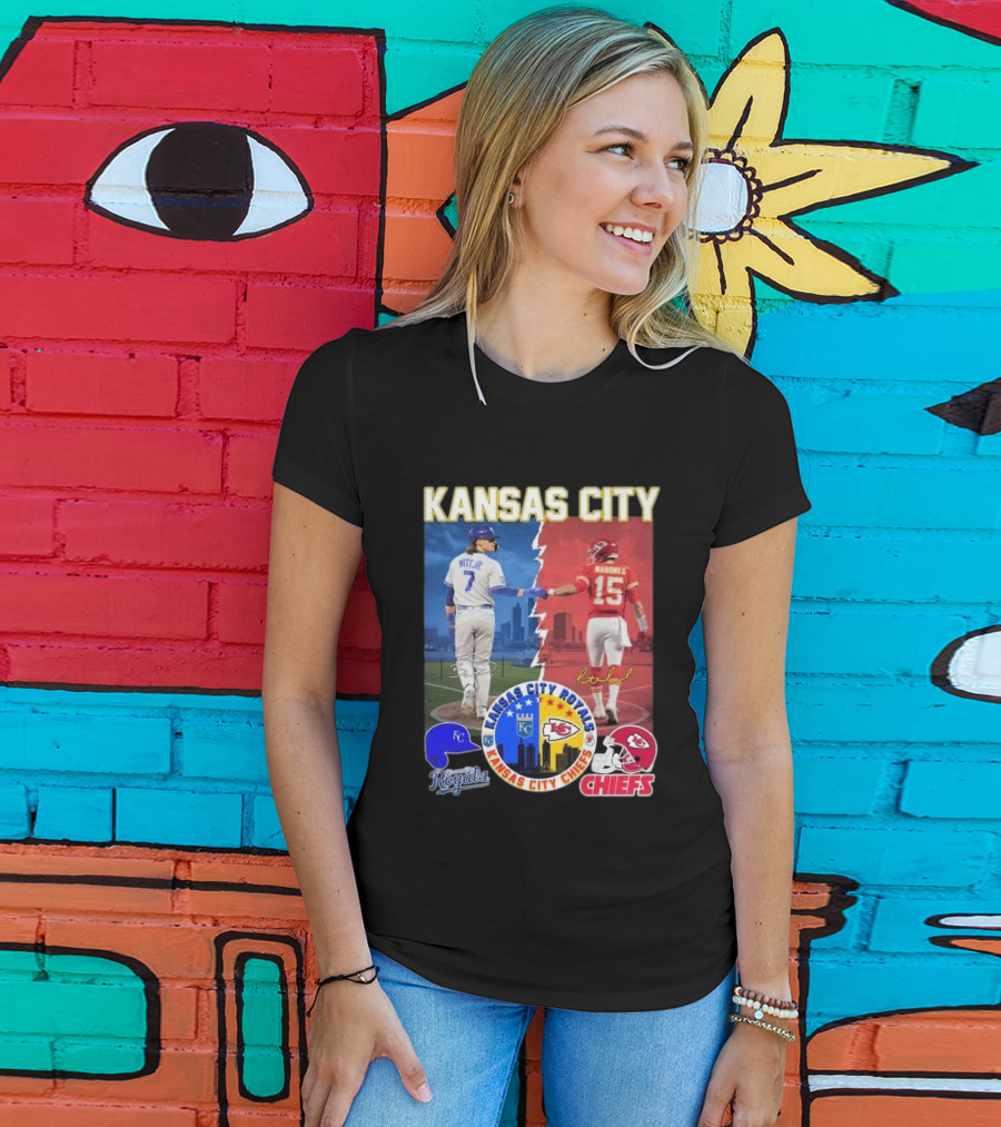 Kansas City Royals Bobby Witt Jr And Chiefs Patrick Mahomes Skyline Logos And Signatures T-Shirt