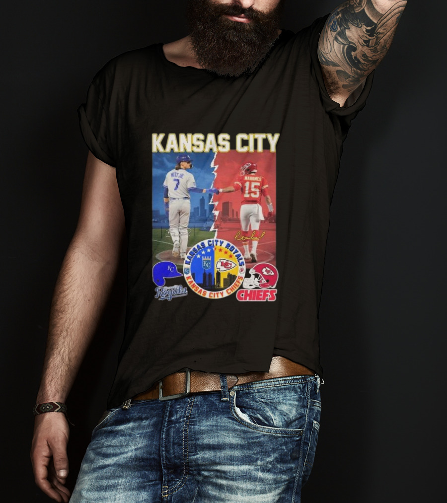 Kansas City Royals Bobby Witt Jr And Chiefs Patrick Mahomes Skyline Logos And Signatures T-Shirt