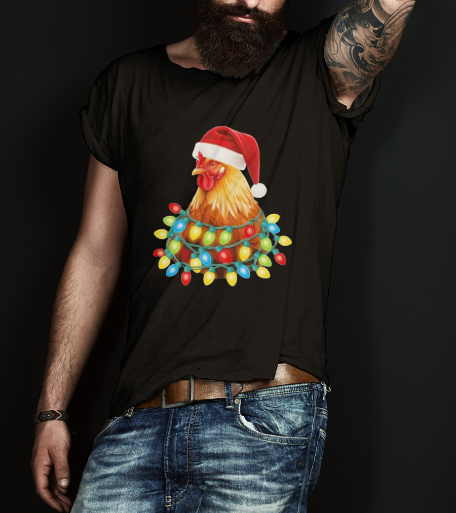 Santa Chicken Christmas Lights Festive Hilarious T-Shirt
