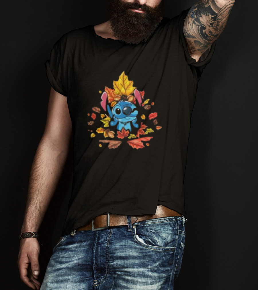 Stitch Ohana Autumn Leaf Celebration With Colorful Fall Foliage T-Shirt
