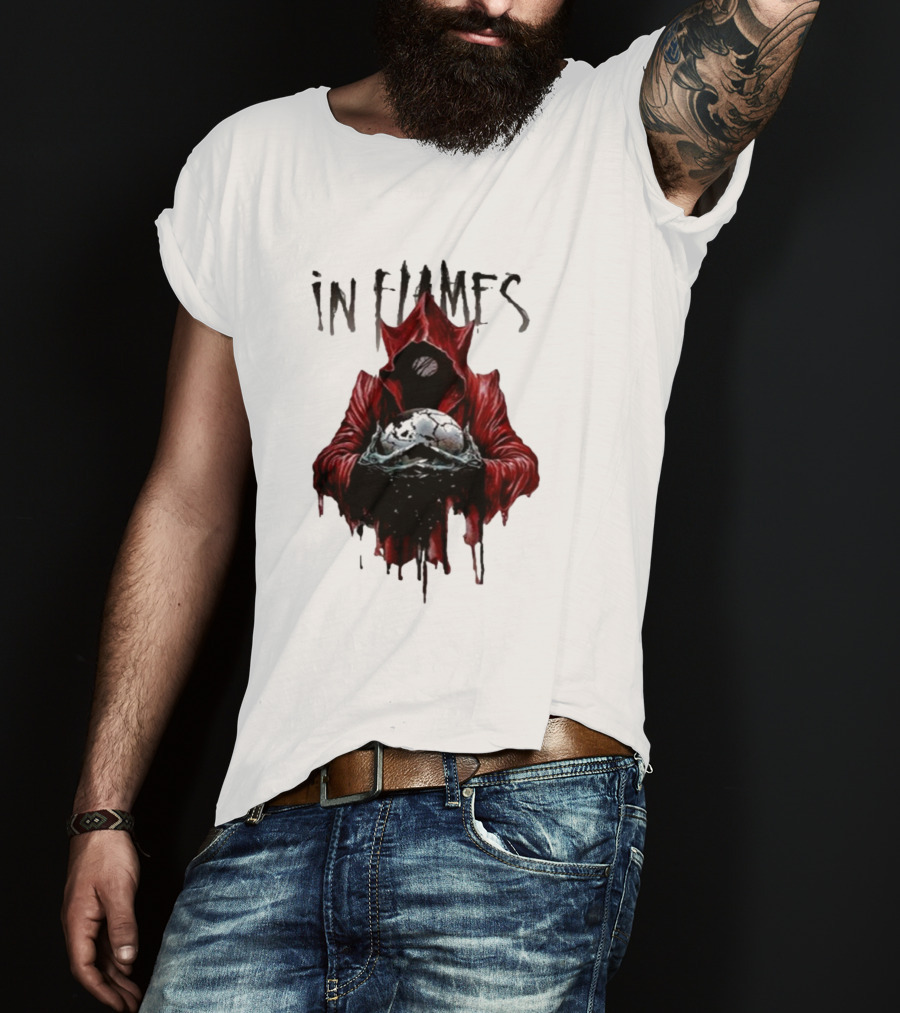 In Flames Siren Charms Red Hooded Figure Holding Cracked Mask T-Shirt
