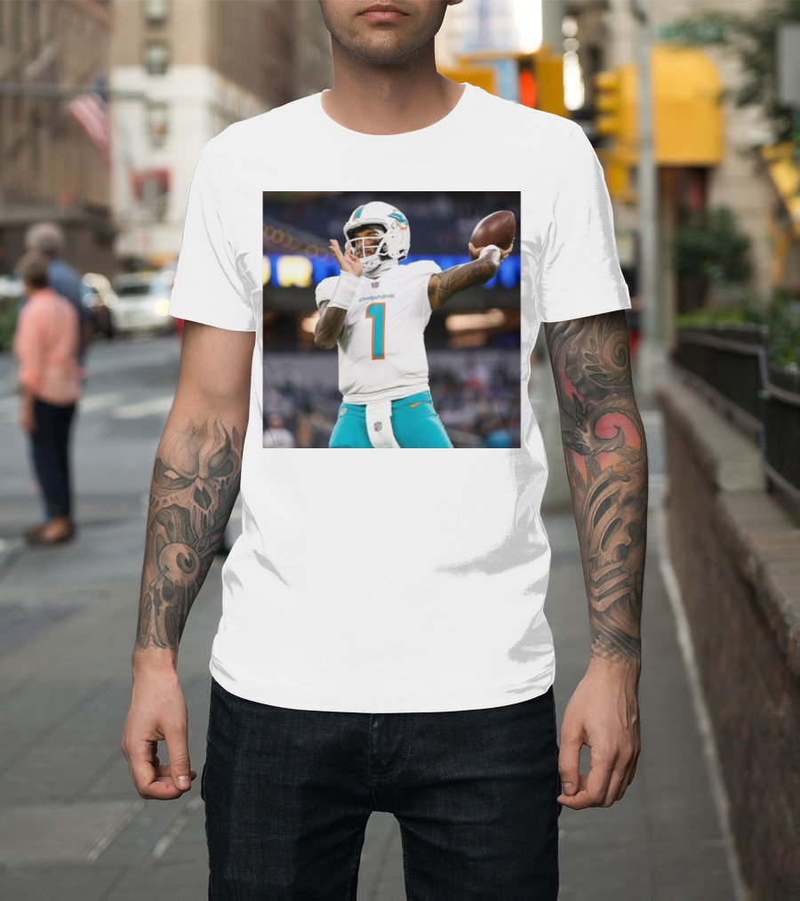 Miami Dolphins Tua Tagovailoa Football Action Win on the Road Primetime Victory T-Shirt