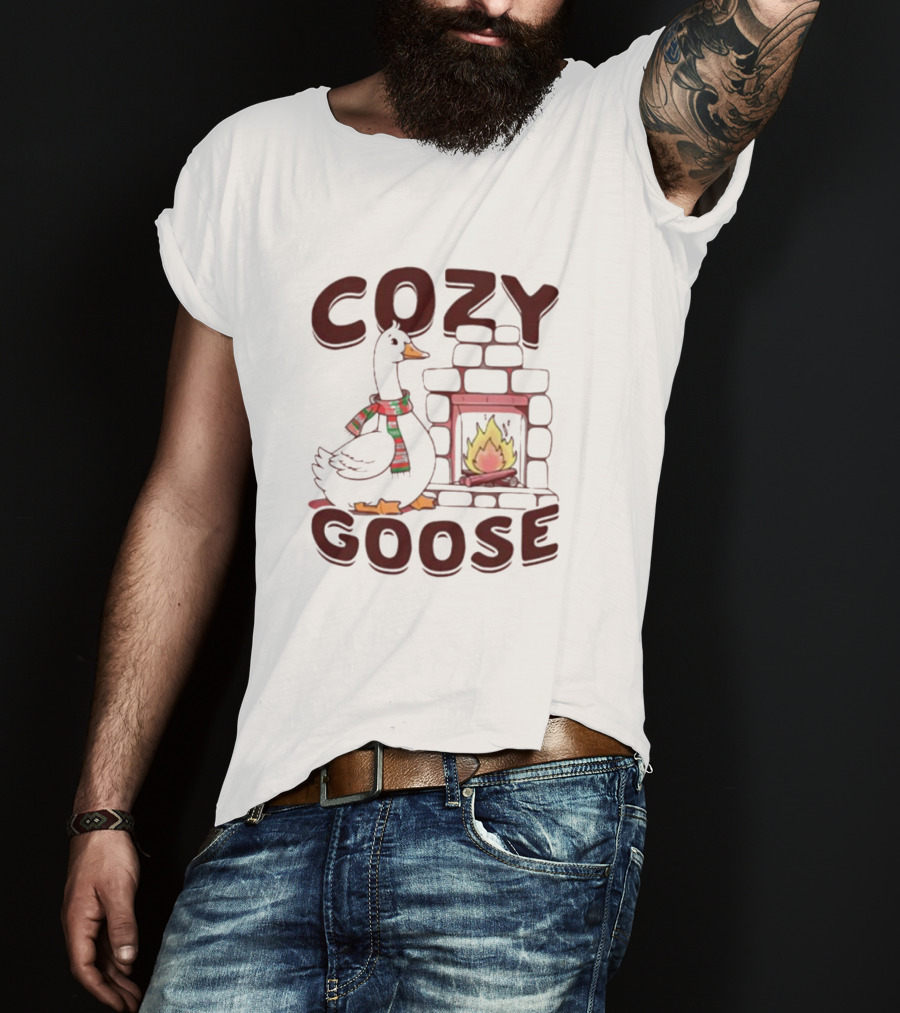Cozy Goose Christmas Fireplace Scarf T-Shirt