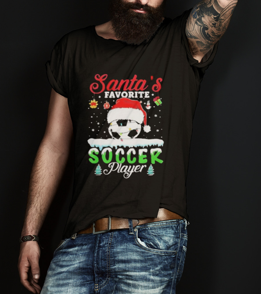 Santa's Favorite Soccer Player Christmas Football Soccer Ball Santa Hat Snowflakes T-Shirt