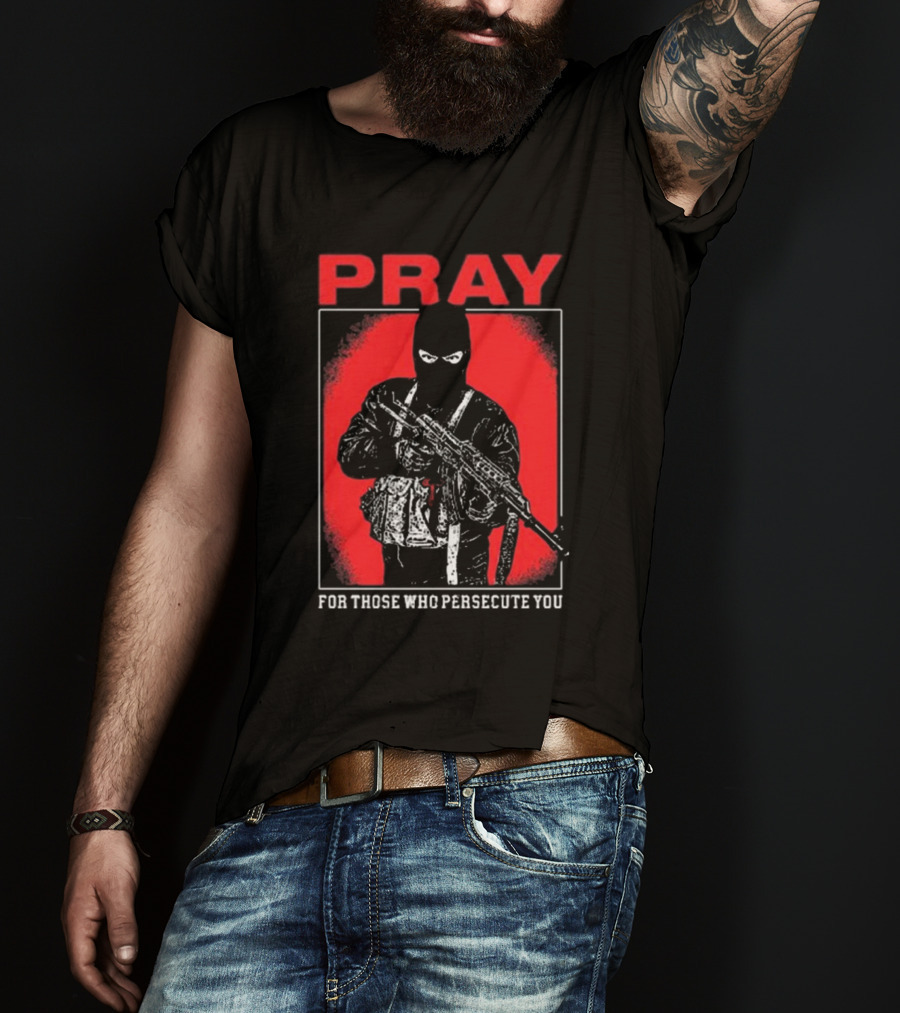 Ritualprintslc Shayne Smith Pray For Those Who Persecute You Masked Figure With Rifle In Red And Black T-Shirt