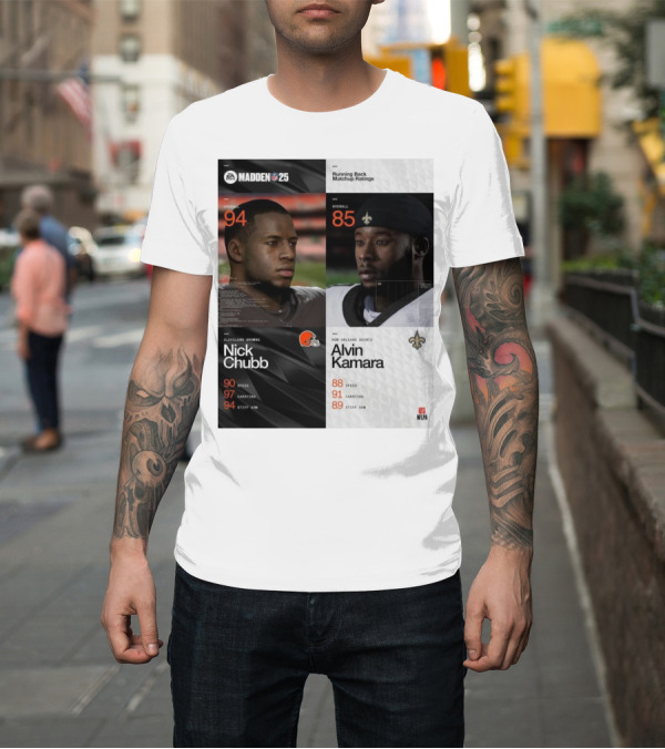 Shirt: Madden NFL 25 Running Back Matchup Ratings Nick Chubb Cleveland Browns Vs Alvin Kamara New Orleans Saints T-Shirt Madden NFL 25 Running Back Matchup Ratings Nick Chubb Cleveland Browns Vs Alvin Kamara New Orleans Saints T-Shirt