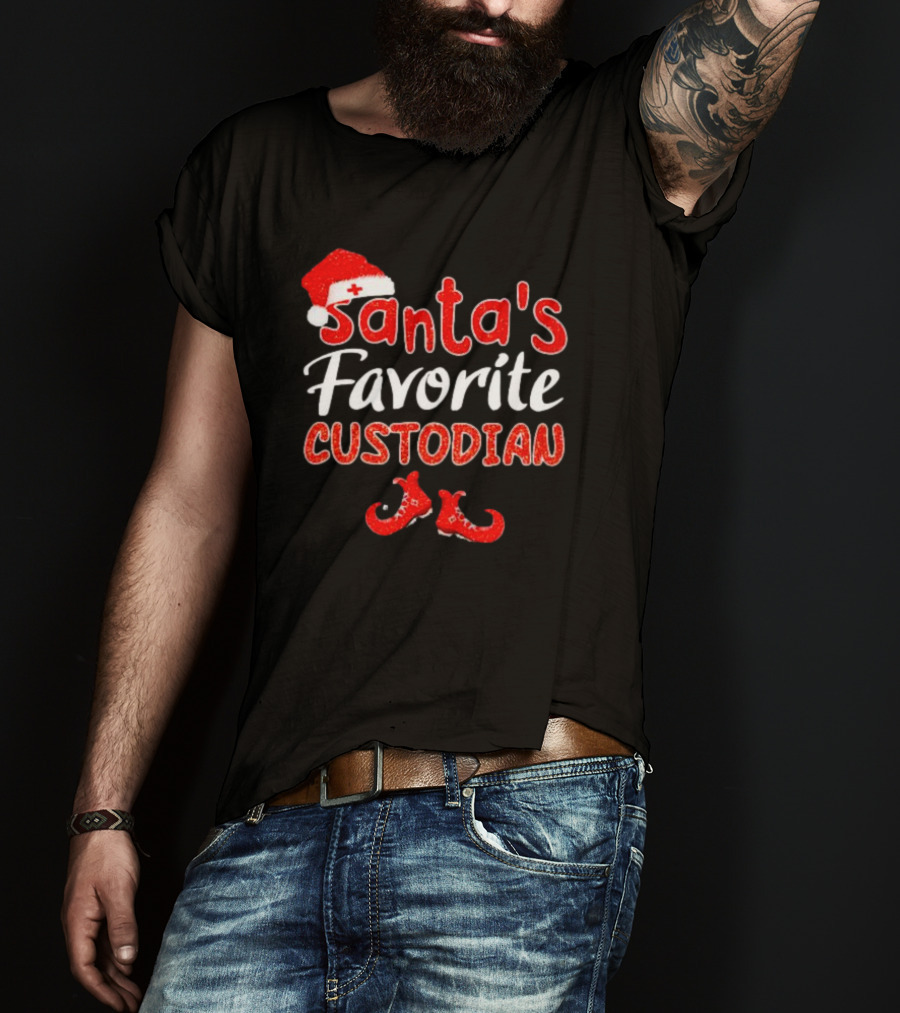 Santa's Favorite Custodian Festive Holiday Santa Hat And Elf Shoes T-Shirt