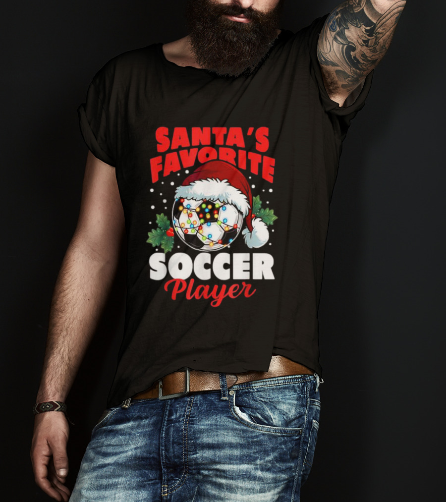 Santa's Favorite Soccer Player Christmas Pajama Xmas Soccer Ball And Santa Hat T-Shirt