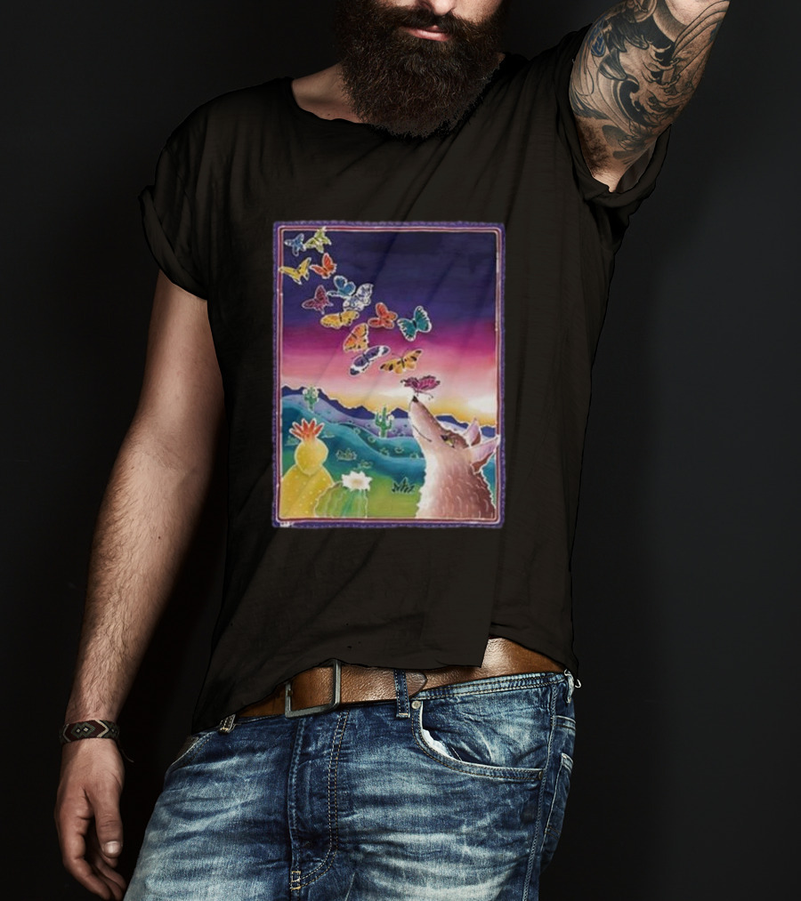 Jimmorris Smiles At Nature’s Wonders Colorful Desert Landscape With Coyote And Butterflies T-Shirt