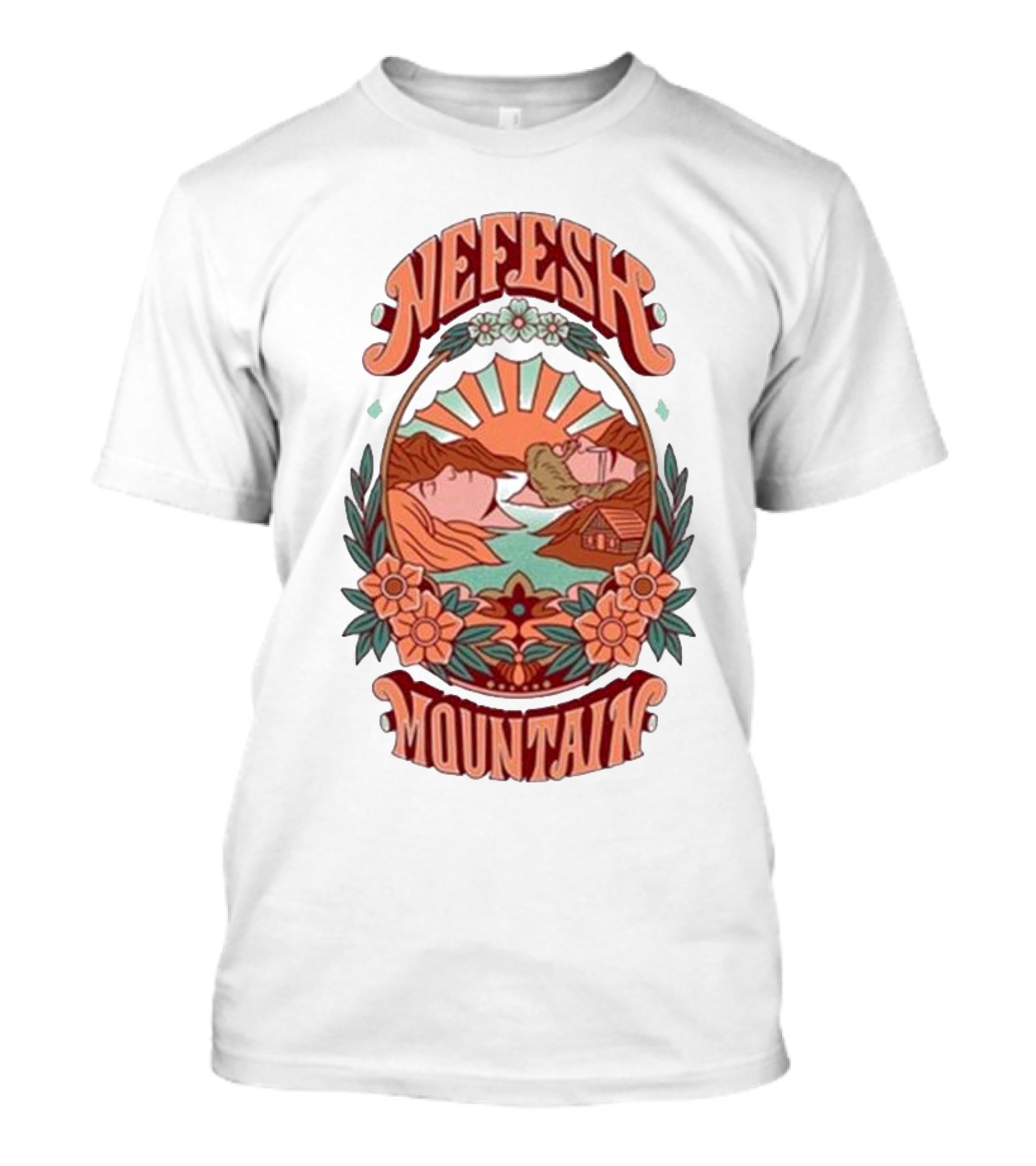 Nefesh Mountain Sunrise Scene With Cabin And Flowers T-Shirt