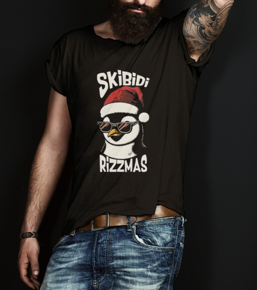 Skibidi Rizzmas Christmas Penguin With Santa Hat And Sunglasses T-Shirt