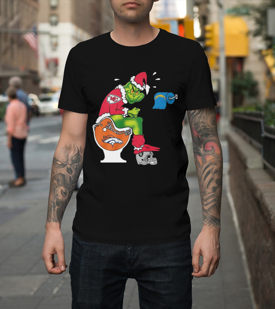 The Grinch on Toilet Kansas City Chiefs, Denver Broncos, Oakland Raiders, Chargers Christmas T-Shirt