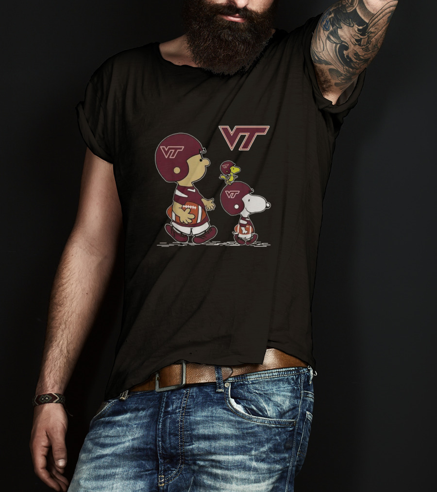 Charlie Brown Snoopy Woodstock Virginia Tech Hokies Football VT Helmet T-Shirt