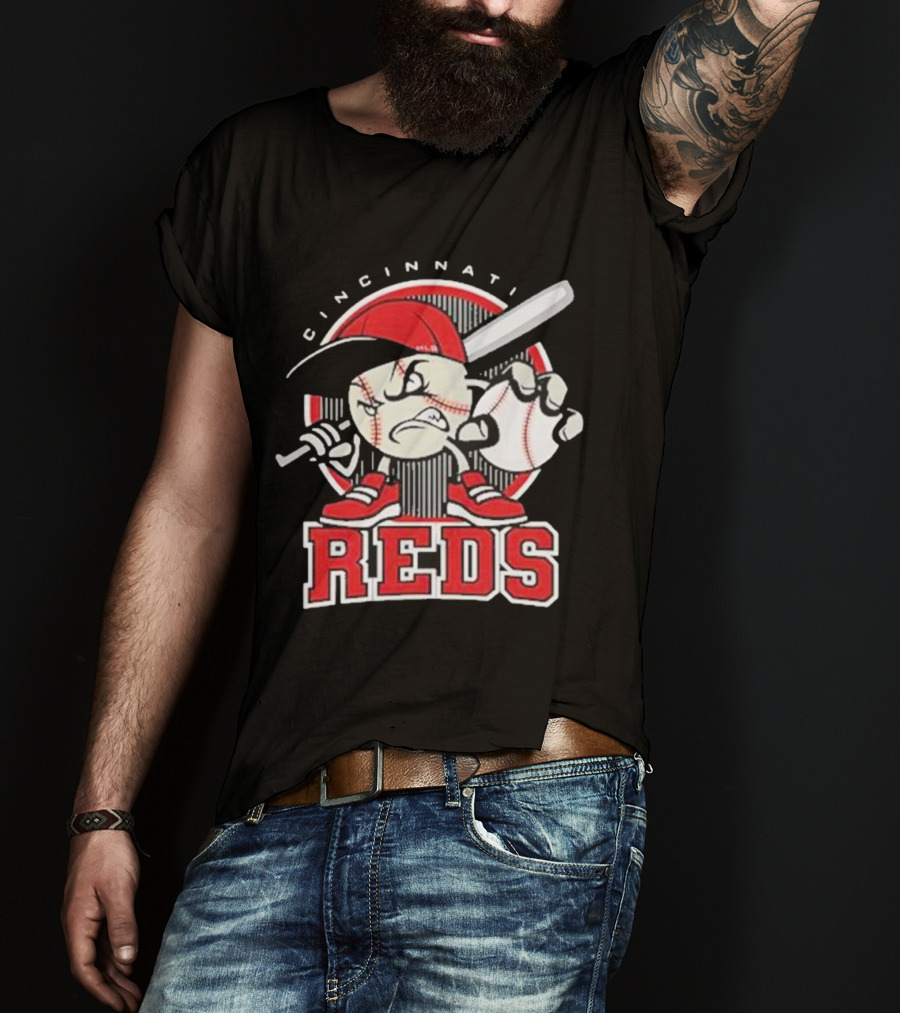 Cincinnati Reds Retro Baseball Character With Cap And Bat T-Shirt