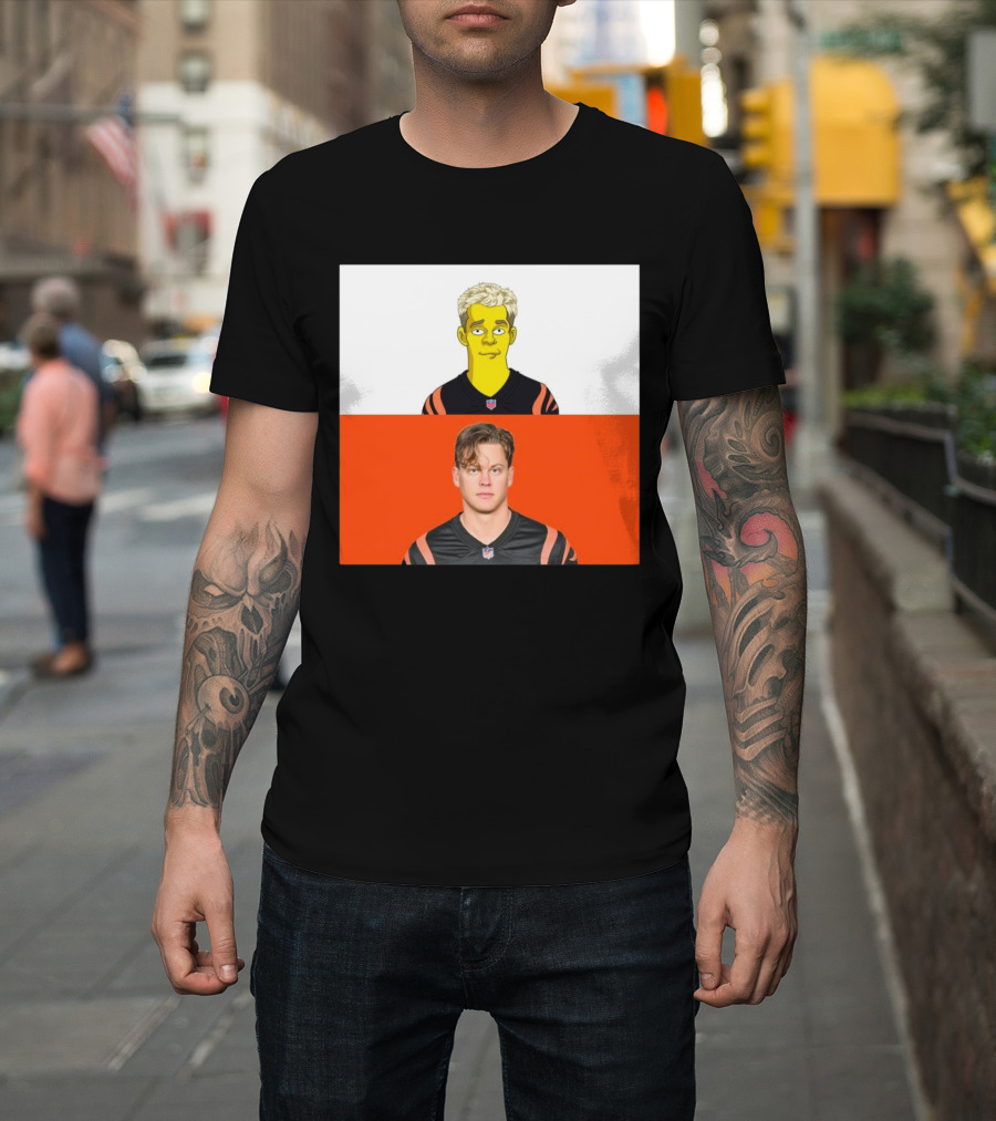 The Simpsons Styled Joe Burrow in Cincinnati Bengals NFL Comparison T-Shirt