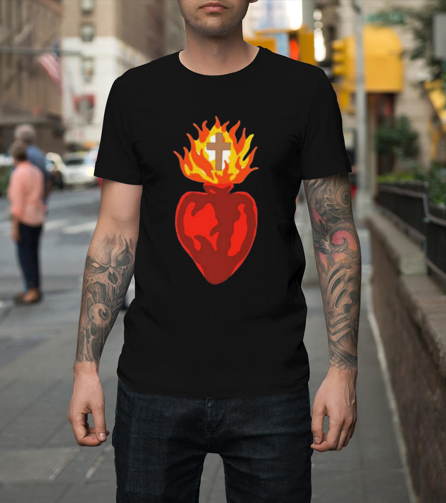 B Lake Sacred Heart Love Of God Cross Flame T-Shirt