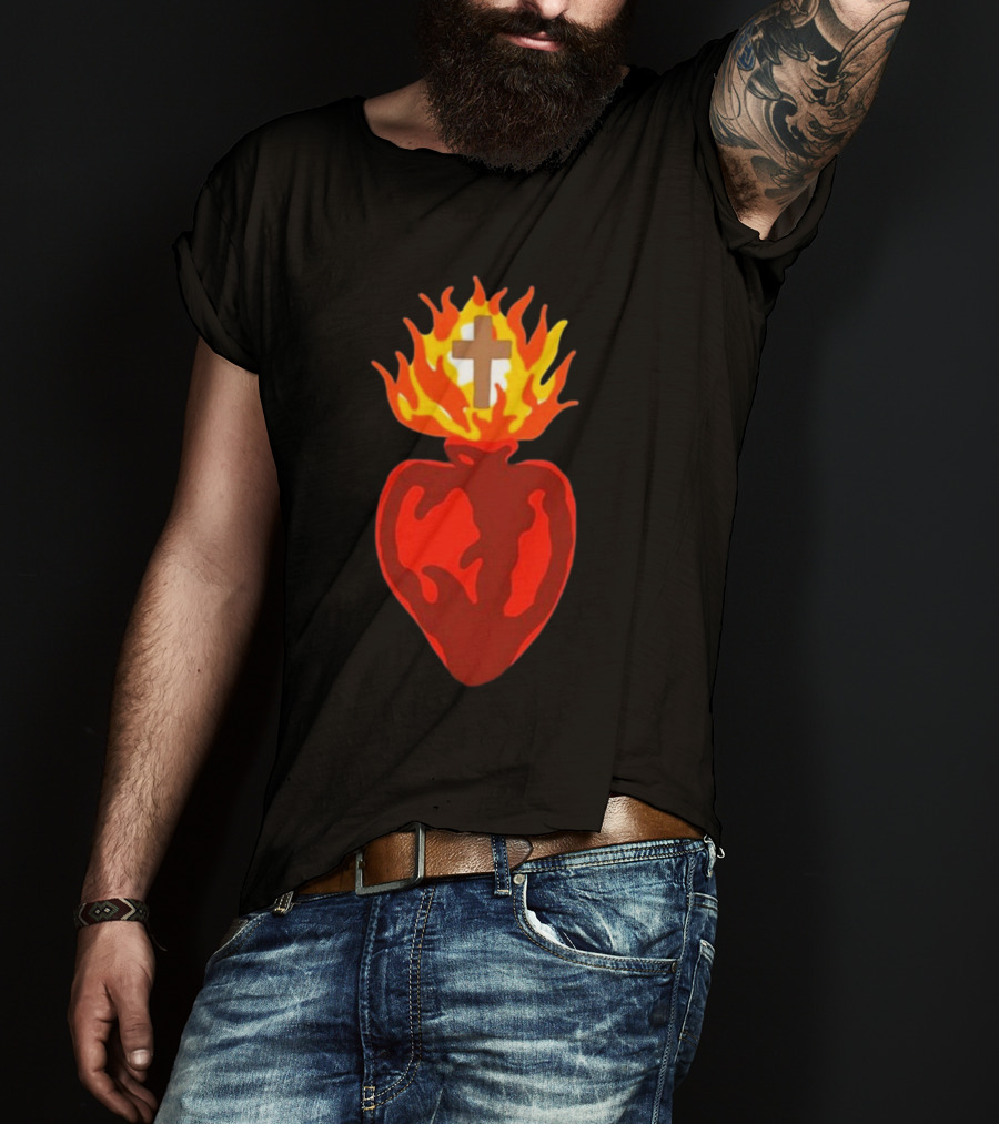B Lake Sacred Heart Love Of God Cross Flame T-Shirt
