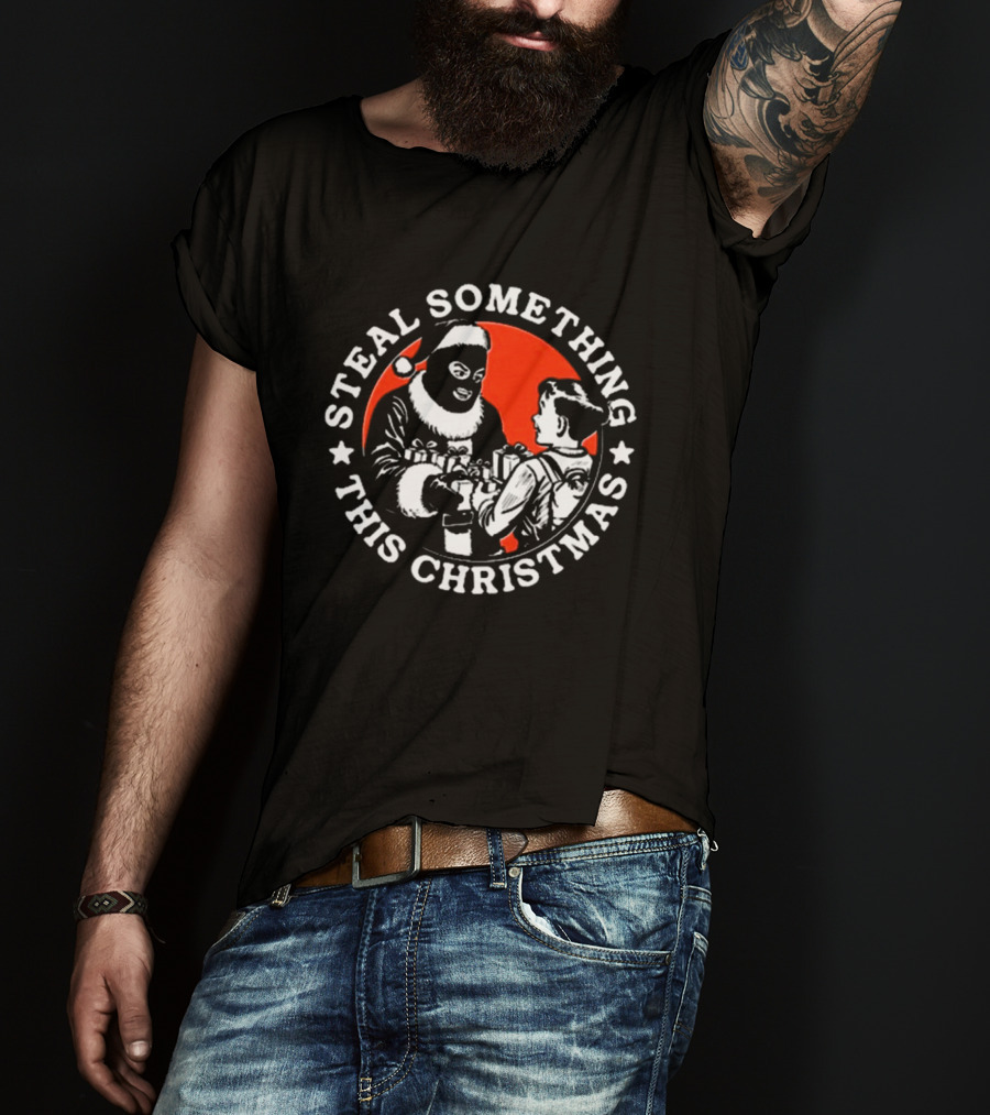 Krime Steal Something This Christmas Santa Masked Kid Gifts T-Shirt